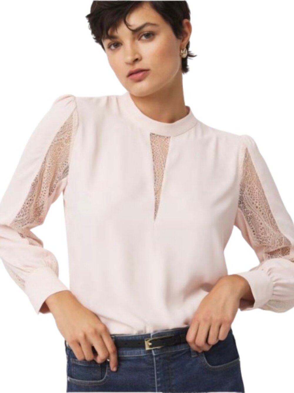 Women's L NWT WHBM Lace + Crepe Blouse in Plie Pink